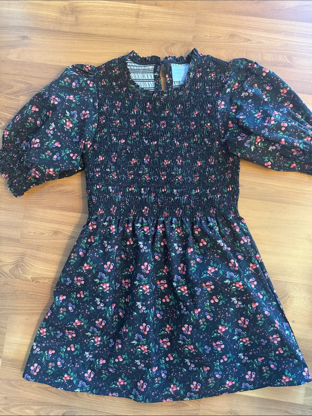 Hill House Black Floral Smocked Mini Dress with Pink and Red Blooms